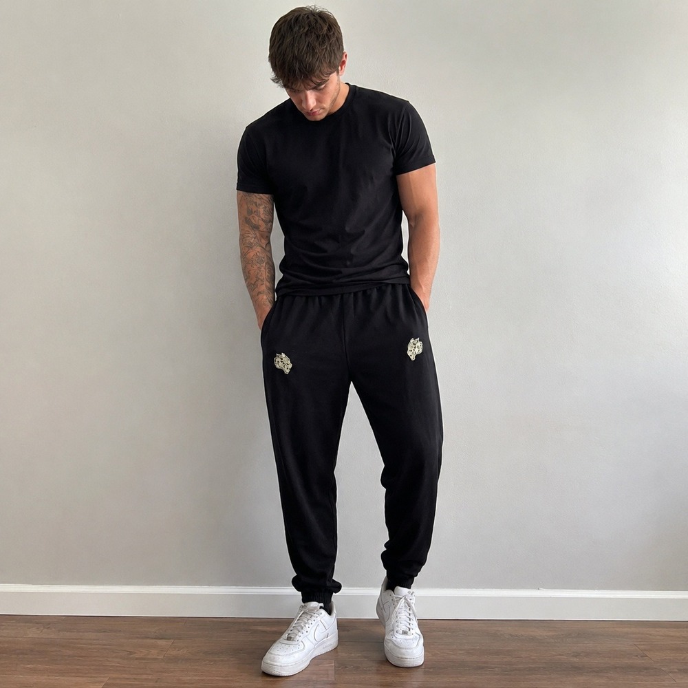 Darc Sport Mens Pants Medium Black Embroidered Wolf Limited Edition Joggers
